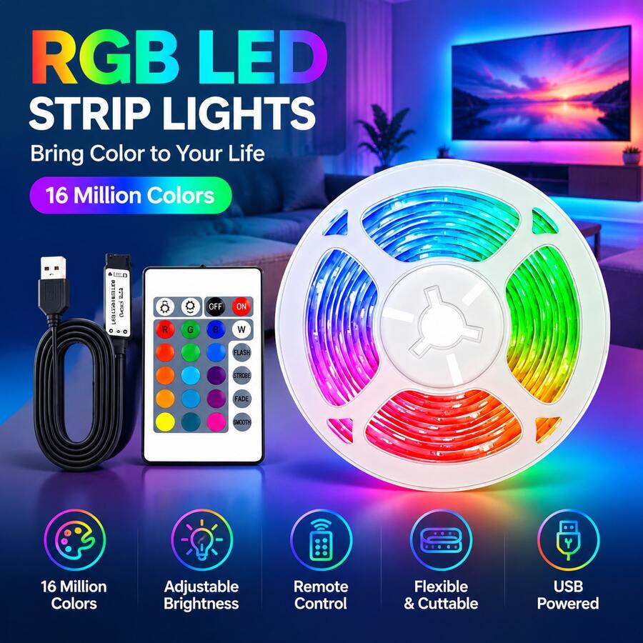 Lampu Strip LED RGB dengan Remote IR 24 Tombol, Ditenagai USB, Perubahan Warna Multi-warna, Pencahayaan Ambient DIY, Untuk Kamar Tidur, Ruang Bermain Game, Dekorasi Pesta Liburan. - RGB 24 Tombol - View 1