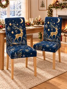 Christmas Dining Chair Set Navy Blue & Gold Deer Moon Snowflake Print Chair Covers Restaurant Kitchen Christmas Party Home Decor Christmas Home Decor - Multicolor - View 9
