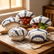 Three Striped Cotton And Linen Elastic Bowl LIDS, Food Covers, Fermentation Covers, Reusable Washable And Stretchable Food Bowl LIDS For Bread Dough Fermentation, Dust-Proof Kitchen Storage LIDS - Multicolor - View 3