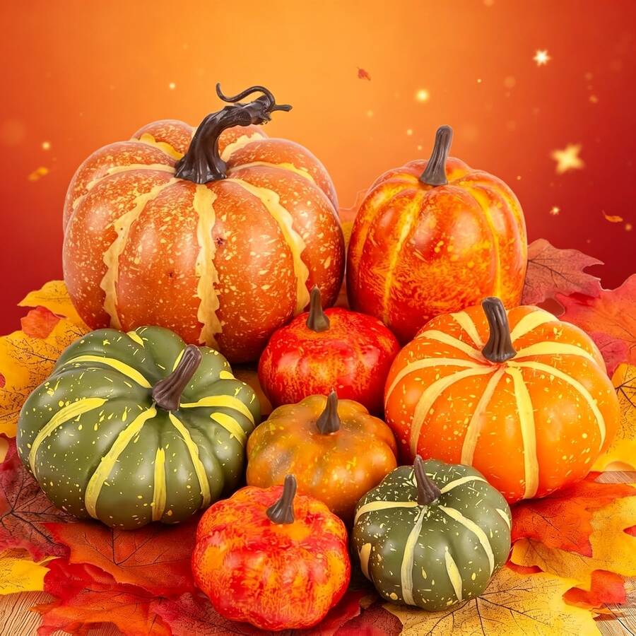 Artificial Pumpkin Collection Featuring 8 Assorted Pumpkins And 30 Artificial Maple Leaves – Perfect For Halloween And Thanksgiving Decorations. - 38pcs - View 1