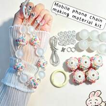 Pink/Blue/White/Green/Purple Round Bead Handmade Phone Chain Material Kit, Featuring Rubber-Feel Jelly Beads, Glass Beads, Cute Hand-Painted Beads, Metal Rings, CCB Spacer Beads And One String - Multi-color (1 DIY Material Kit) - View 7