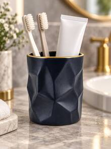 1pc Geometric Toothbrush Holder, Navy Blue Or Blush Pink With Gold Rim, Bathroom Countertop Organizer For Toothbrushes And Toothpaste, Modern Minimalist Bathroom Accessories, Decorative Vanity Storage Cup - Multicolor - View 3