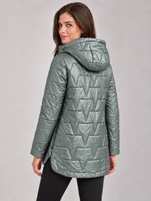 Women's Hooded Triangle Quilted Cotton Jacket With Drawstring Zip Front Stand Collar Padded Coat - Army Green - View 3