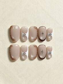 10pcs Handmade Press-On Nails, Mocha Brown Earth Tone Cat Eye False Nail Tips, Short Oval Reverse French Manicure, Rhinestone Star Decor Autumn Winter Vibes, Reusable Glue Nails, Elegant Daily Wedding Festival Manicure For Women - Multicolor - View 2