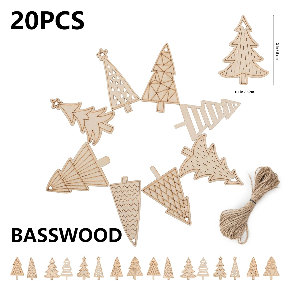 20/40pcs Mixed Basswood Wooden Christmas Tree Pendant Decorations, Wooden With 10m Jute Rope, Smooth Surface, Suitable For Home Decor, Crafts, Hanging During Holidays - A - View 1