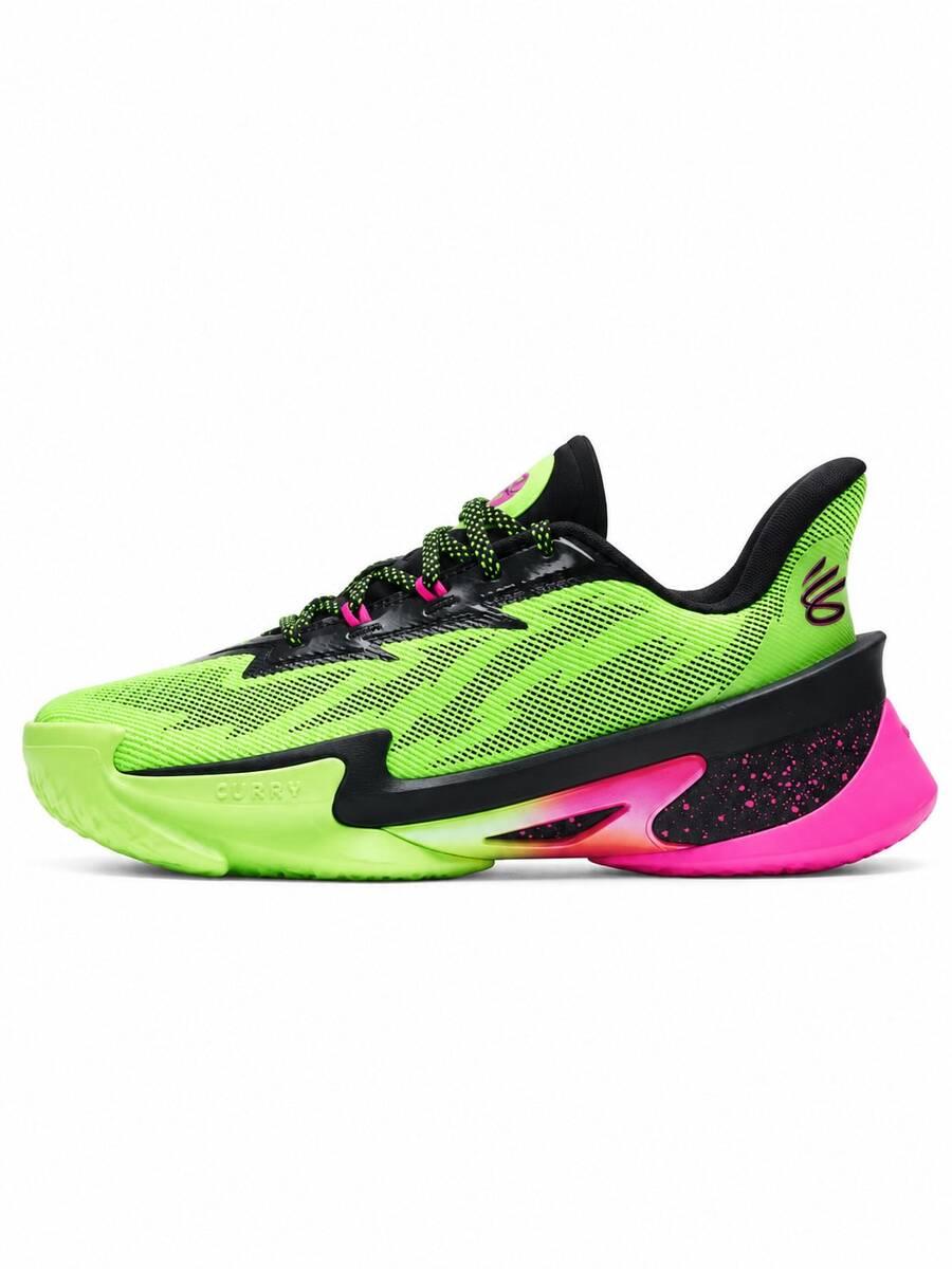 Under Armour Sepatu basket pria dengan bantalan elastisitas tinggi, bagian atas dan sol luar berbahan jala yang bernapas dan tahan lama untuk performa di lapangan dalam ruangan. - Hijau/Hitam/Merah Muda - View 1