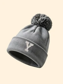 1pc Women's Pom‑Pom Decor Cuff Ribbed Knit Beanie Hat, A-Z Letter Applique Detail, Soft Warm Fall‑Winter Headwear, Fashion Fall Outfit Essential - Grey - View 37