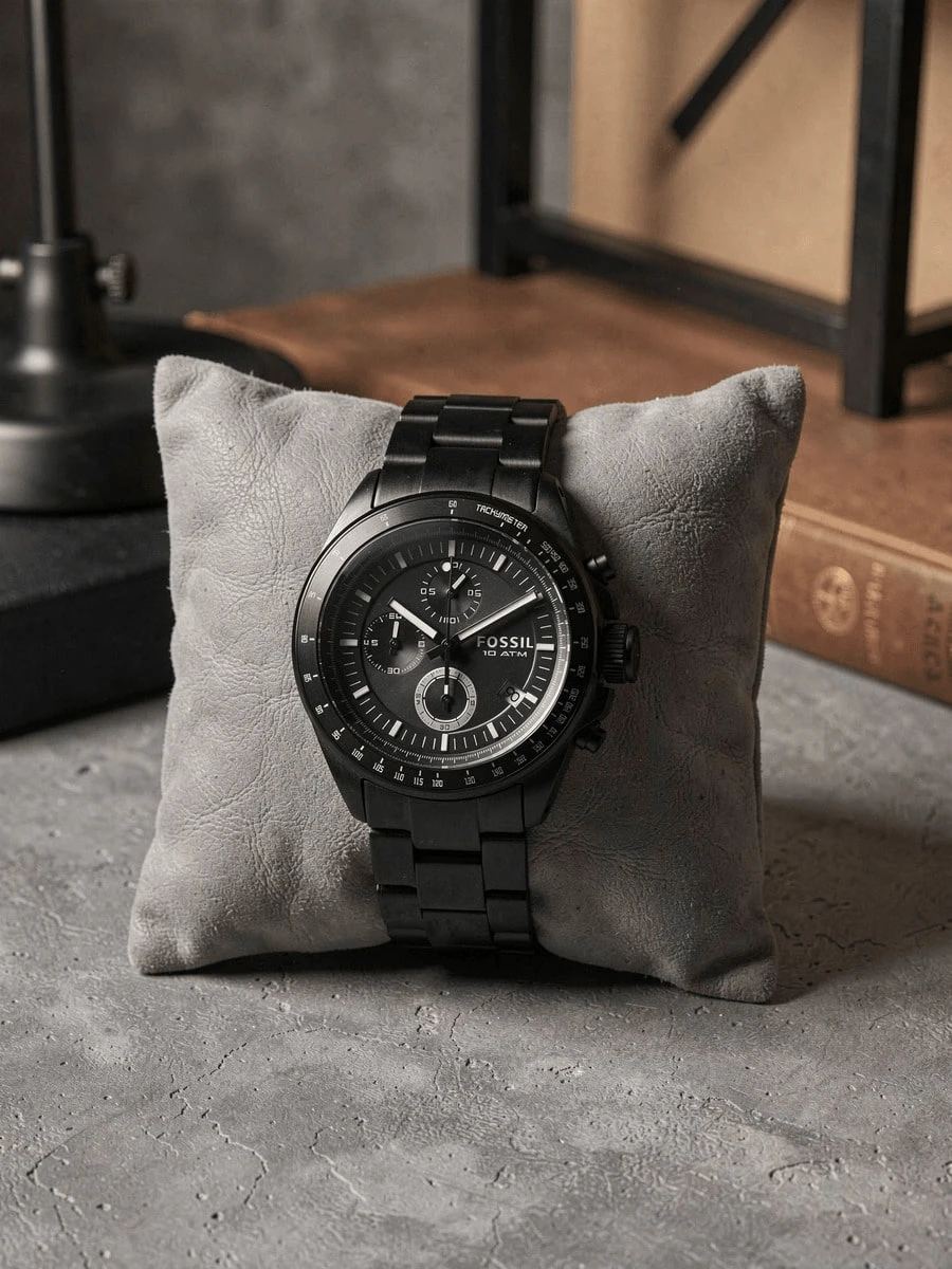 Fossil ساعة كرونوغراف رجالية من فوسيل - فولاذ مقاوم للصدأ مطلي بأيونات سوداء، إطار تاكيمتر، 3 عقارب مع تاريخ، مقاومة للماء حتى 10 ضغط جوي، تصميم صناعي جريء - الأسود - مشاهدة 1