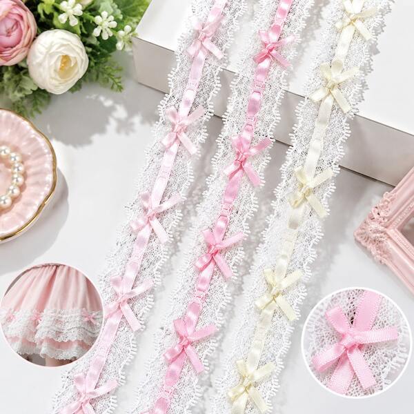 5/1 Yard French Style Double-Layer Embroidered Lace Trim With Satin Ribbon Bow, DIY Fabric Embellishment For Clothing, Wedding Dresses & Hair Accessories