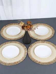 1pc/4pcs/6pcs/8pcs Khaki/Beige Round Woven Rattan Double Color Tassel Placemats, Heat Resistant Non-Slip Kitchen Table Mats, Insulation Pads, Table Decor For Party Dinner - Beige - View 1