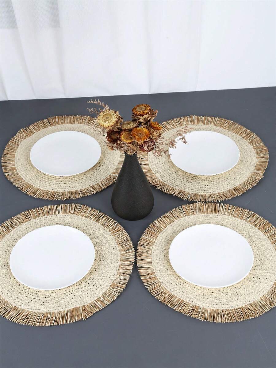 1pc/4pcs/6pcs/8pcs Khaki/Beige Round Woven Rattan Double Color Tassel Placemats, Heat Resistant Non-Slip Kitchen Table Mats, Insulation Pads, Table Decor For Party Dinner - Beige - View 1