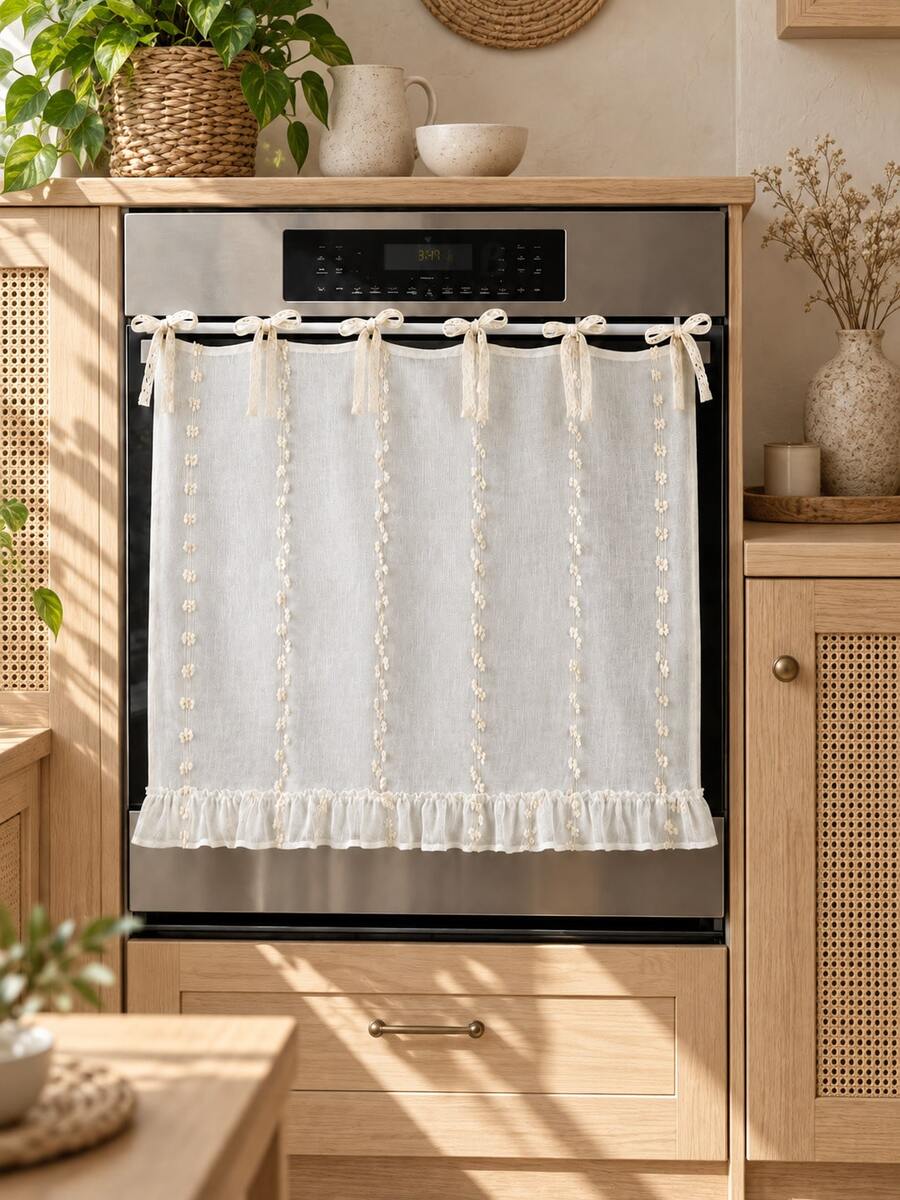 1pc White Jacquard Oven Curtain, 3D Floral Lace Stripe Design, Bowknot Ruffle Edge Kitchen Decor Curtain - Ruffled Edge - View 1