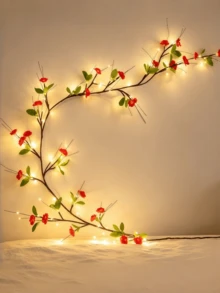 1pc LED Tree Light, Red Flower + Green Leaf Tree Light, USB Powered Peach Blossom LED String Light, Artificial Flower Garland, Warm Light Night Light, Plug And Play, Suitable For Indoor Home Decor, Christmas, Bedroom, Kitchen, Party Decoration (Battery Not Included) - M6-red Flower + Green Leaf - View 5