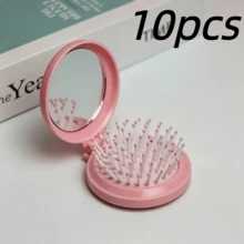 1/3/5/10pcs Cute Mini Portable Folding Air Cushion Comb, Pink, With Round Portable Mirror, Multifunctional 2-In-1 Integrated Clip Comb, Suitable For Daily Use And Travel Pocket Mirror Comb, Dry Hair Wet Hair Brush, Women Girls Party Favor Gift - A - View 8