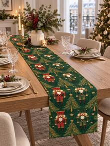 1pc Christmas Table Runner, Nutcracker, Christmas Tree, Star, Pine Branch Print, Vintage Country Christmas Table Decor, Suitable For Holiday Dinner Party Table - Multicolor - View 3