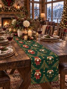 1pc Christmas Table Runner, Nutcracker, Christmas Tree, Star, Pine Branch Print, Vintage Country Christmas Table Decor, Suitable For Holiday Dinner Party Table - Multicolor - View 7