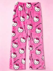 Hello Kitty 仿羊羔絨女款卡通休閒居家長褲，甜美可愛少女風，寬鬆直筒長褲，舒適居家睡褲，適合日常居家休息、宿舍生活、居家生活，秋冬臥室放鬆穿著 - 彩色 - 查看 4