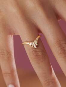 1PC Gold Luxury White Gemstone Ring,Rectangular Curved Trapezoidal Stackable Ring, Ladies' Exquisite Holiday Party Gift - Yellow Gold - View 6