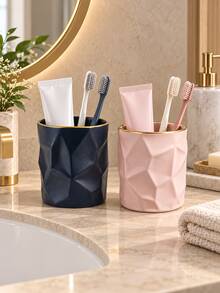 1pc Geometric Toothbrush Holder, Navy Blue Or Blush Pink With Gold Rim, Bathroom Countertop Organizer For Toothbrushes And Toothpaste, Modern Minimalist Bathroom Accessories, Decorative Vanity Storage Cup - Multicolor - View 1