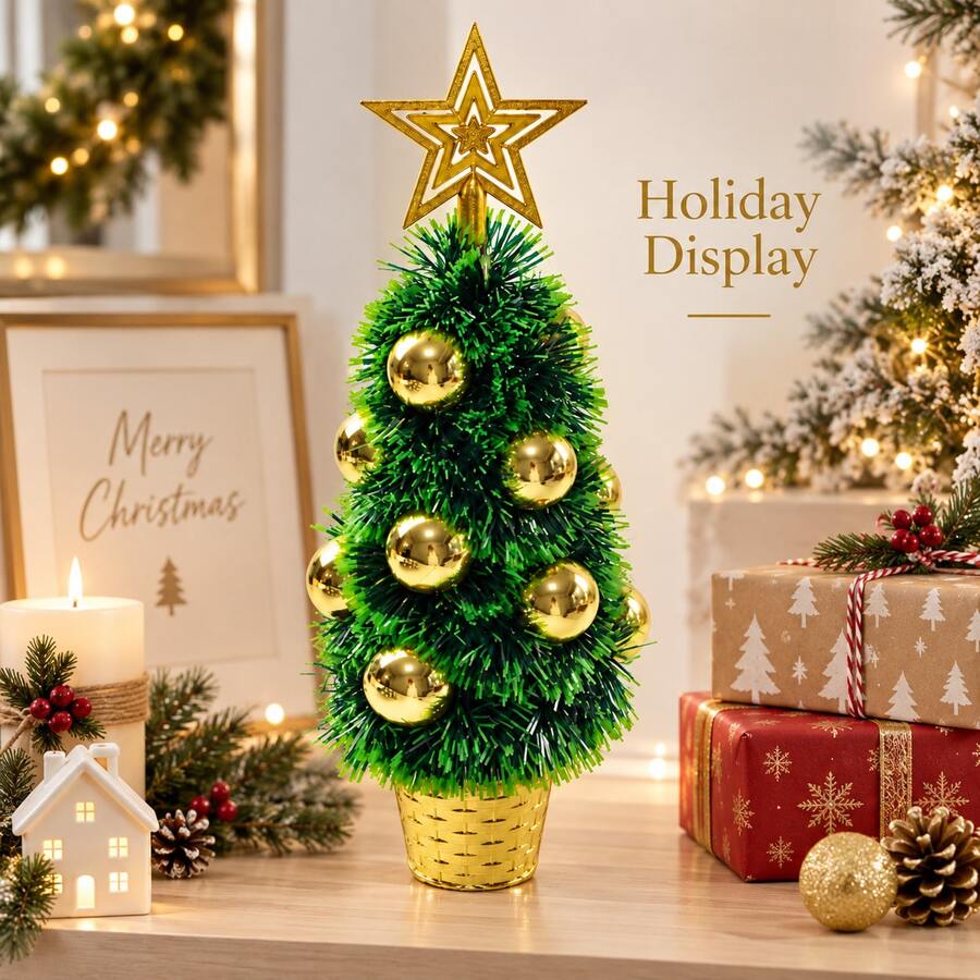Mini Tabletop Christmas Tree 40cm PVC Holiday Tree With Star Top And Bauble Decor - Gold - View 1