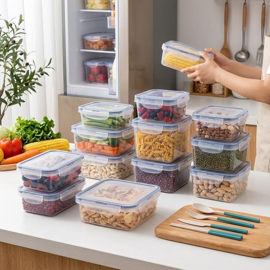 1pc 840ml Rectangular Transparent Plastic Food Storage Container With Silicone Sealing Ring, Leakproof. High Transparency Body, Clear View Of Stored Ingredients, Stackable Design To Maximize Fridge Space, Suitable For Food Portioning And Storage. - Multicolor - View 1