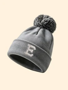 1pc Women's Pom‑Pom Decor Cuff Ribbed Knit Beanie Hat, A-Z Letter Applique Detail, Soft Warm Fall‑Winter Headwear, Fashion Fall Outfit Essential - Grey - View 26