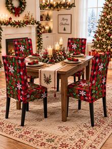 Christmas Dining Chair Set Red & Black Plaid Holly Berry Snowflake Print Chair Covers Restaurant Kitchen Holiday Table Decor - Red - View 10
