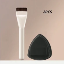 2pcs Portable Makeup Brush Set With Flat Head Soft Bristles, Seamless Ultra-Thin Foundation Brush, Contour Brush, Powder Brush, Liquid Brush, Acrylic Mixing Palette With Round Hole, Foundation Mixing And Application 2-In-1 Makeup Tool For Beginners - White - View 12