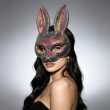 1件裝可愛亮片兔子面具，創意動物半臉面具，節慶嘉年華派對 Cosplay 配件，萬聖節 - 彩色 - 查看 7