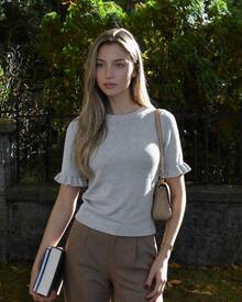 Women's Casual Yellow Round Neck Ruffle Trim Short Sleeve Loose Fit T-Shirt, Spring/Summer Style, Suitable For Dating And Daily Wear - Grey - View 3
