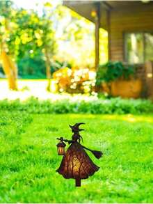 2D Flat, 1pc Halloween Witch Lantern Decoration Stake, Witch Statue With Broom, Halloween Atmosphere Decor - Gothic Horror Witch Ground Stake, Vintage Style Witch Statue, Suitable For Indoor Party And Thrilling Outdoor Decoration, Halloween Home Decor - A - View 8
