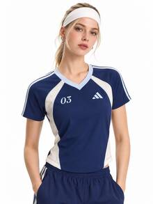 Adidas Summer Jersey-Style Breathable Women's Crew Neck Short Sleeve T-Shirt - Blue and White - View 1