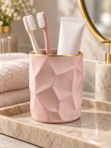 1pc Geometric Toothbrush Holder, Navy Blue Or Blush Pink With Gold Rim, Bathroom Countertop Organizer For Toothbrushes And Toothpaste, Modern Minimalist Bathroom Accessories, Decorative Vanity Storage Cup - Multicolor - View 4