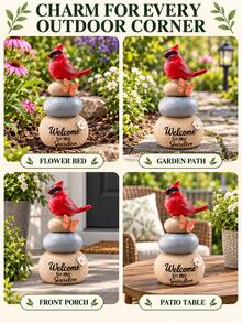 1pc Cardinal Bird Welcome Garden Statue, Charming Red Bird Perched On Stacked Stones With Butterfly Decor, Rustic Outdoor Yard, Patio, Porch, Lawn, Flower Bed And Garden Path Decoration - New - View 7