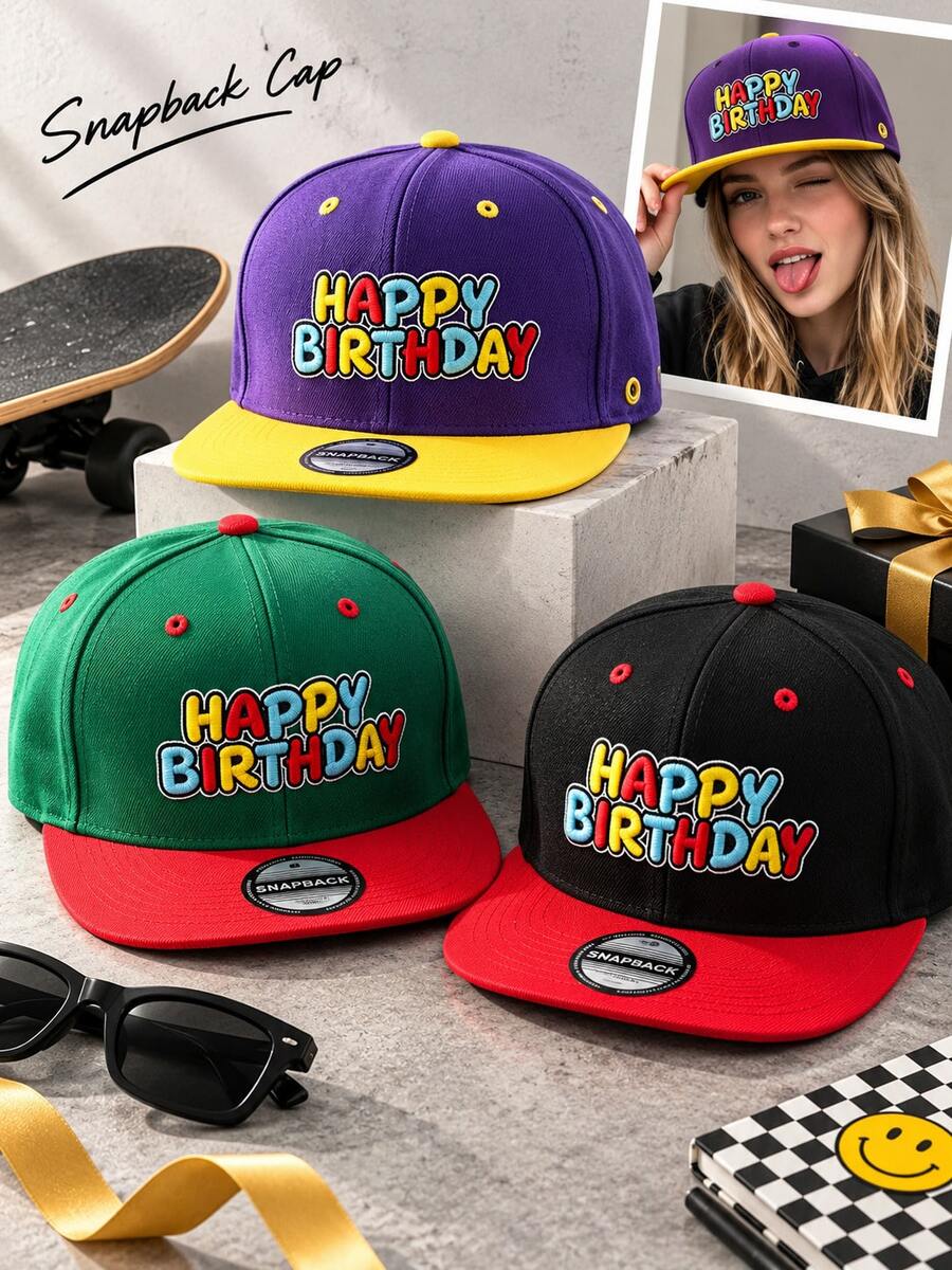 1pc Unisex Happy Birthday Embroidered Flat Brim Baseball Cap, Hip Hop Style Adjustable Streetwear Hat, Suitable For Casual Party Travel Daily Wear Gift - A - View 1