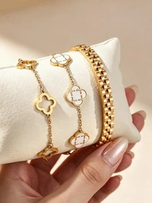 3pcs/1pc 18K Gold Plated Clover Bracelet And Vintage Textured Strap Bracelet, Women's Luxury Jewelry Gift, Versatile For Daily Wear, Holidays And Layering - Gold 11 - View 8