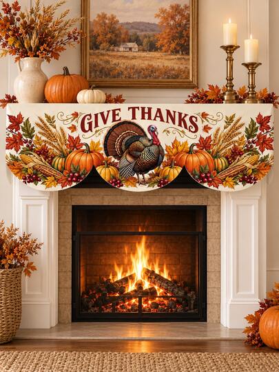 1pc Thanksgiving Fireplace Scarf, Thanksgiving Text Turkey Pumpkin Corn Wheat Maple Leaf Print Fireplace Mantel Cover, Autumn Harvest Farmhouse Style Living Room Home Fireplace Decor