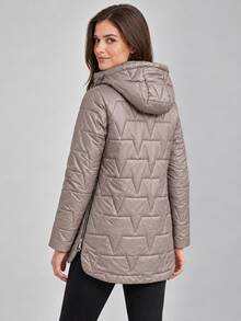 Women's Hooded Triangle Quilted Cotton Jacket With Drawstring Zip Front Stand Collar Padded Coat - Camel - View 6
