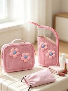 Aesthetic Cute Flower Makeup Brush Holder Bag, Transparent Window Vertical Cosmetic Storage Pouch, Portable Handheld Travel Beauty Tool Organizer For Women - Multicolor - View 11