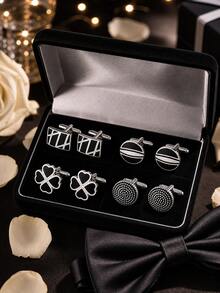 4 Pairs Men's Classic Cufflinks Set, Silver Black Gold Metal Shirt Cufflinks, Suitable For Wedding Business Party Formal Suit Accessories - Black - View 3