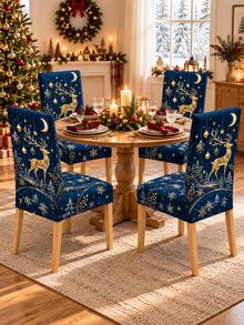 Christmas Dining Chair Set Navy Blue & Gold Deer Moon Snowflake Print Chair Covers Restaurant Kitchen Christmas Party Home Decor Christmas Home Decor - Multicolor - View 14