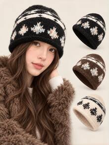 1pc Knitted Beanie Hat, Warm Hat For Autumn/Winter, Outdoor Warm Hat, Street Vintage Rolled Edge Jacquard Knitted Hat, Winter Warm Beanie With Large Head Circumference And Face-Slimming Effect - Multicolor - View 1