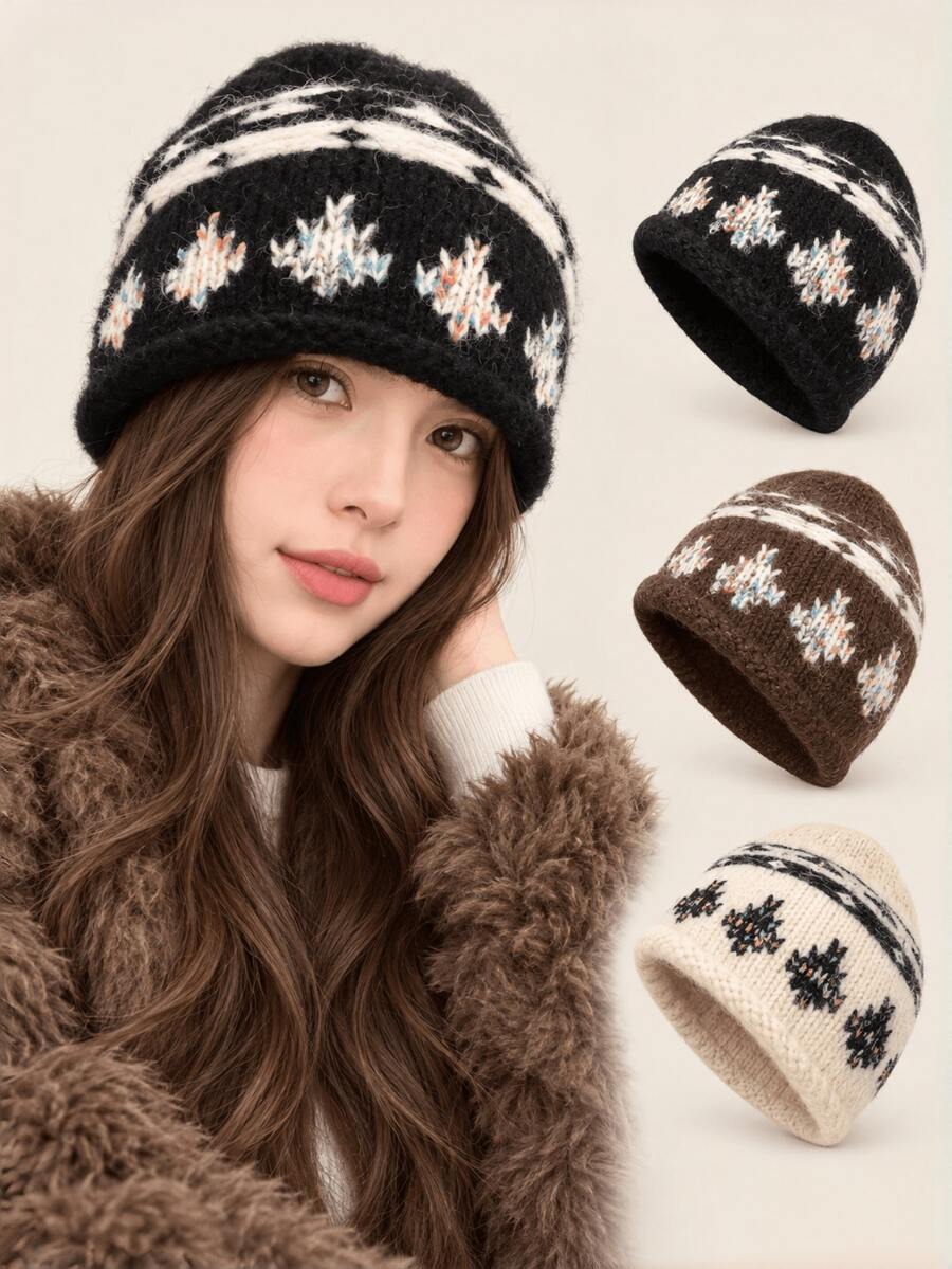 1pc Knitted Beanie Hat, Warm Hat For Autumn/Winter, Outdoor Warm Hat, Street Vintage Rolled Edge Jacquard Knitted Hat, Winter Warm Beanie With Large Head Circumference And Face-Slimming Effect - Multicolor - View 1