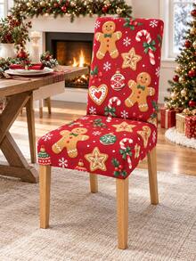 Christmas Dining Chair Set Red Gingerbread Man Candy Cane Cookie Snowflake Print Chair Covers Restaurant Kitchen Christmas Party Home Decor - Red - View 3