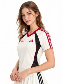 Adidas Summer Jersey-Style Breathable Women's Crew Neck Short Sleeve T-Shirt - White/Black/Red - View 1
