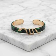 NeeFu WoFu 1pc Bohemian Snake Embossed Green Leather Cuff, Open Copper Wrap Bracelet, Women's Mysterious Gothic Halloween Present - Snakeskin - View 1
