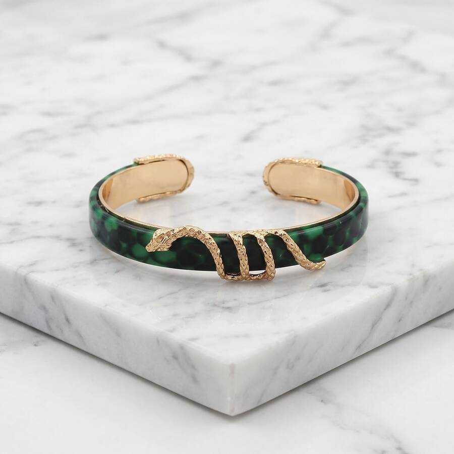 NeeFu WoFu 1pc Bohemian Snake Embossed Green Leather Cuff, Open Copper Wrap Bracelet, Women's Mysterious Gothic Halloween Present - Snakeskin - View 1