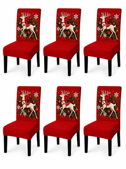 4/6pcs Christmas Chair Covers, Red Reindeer Snowflake Pine Branch Berry Print Elastic Stretch Chair Covers, Suitable For Holiday Dining Room Kitchen Christmas Party Decoration