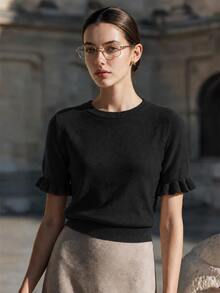 Women's Casual Yellow Round Neck Ruffle Short Sleeve Loose Fit T-Shirt, Spring/Summer Style, Suitable For Dating And Daily Wear - Black - View 2