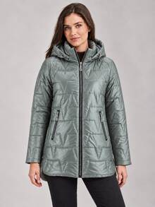 Women's Hooded Triangle Quilted Cotton Jacket With Drawstring Zip Front Stand Collar Padded Coat - Army Green - View 5